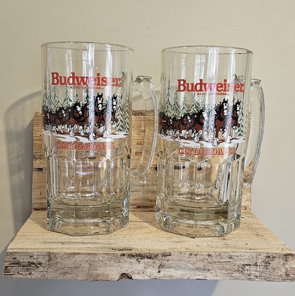 Budweiser VTG 1989 Clydesdale Beer Mug Holiday Stein Winter Glass Collectible